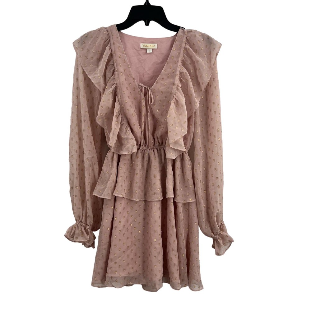 Yumi Kim Pink Dress with Gold Metallic Dots Ruffles Size‎ Small New